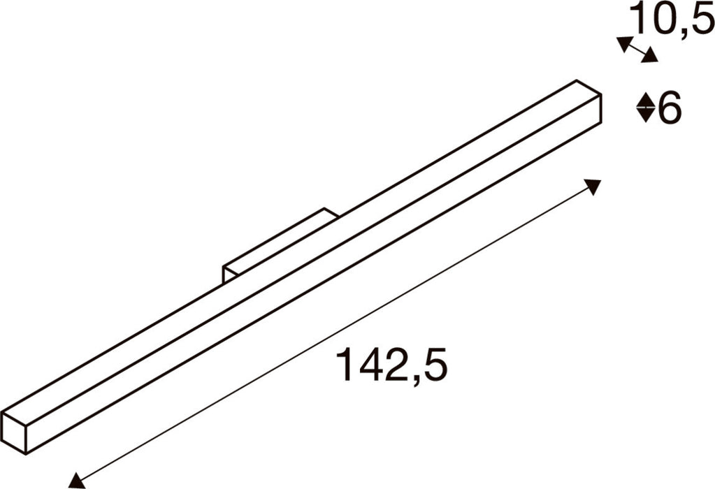 Technical drawing of a rectangular bar with dimensions 142.5 x 10.5 x 6.
