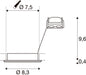 Technical drawing with dimensions for a recessed light fixture.
