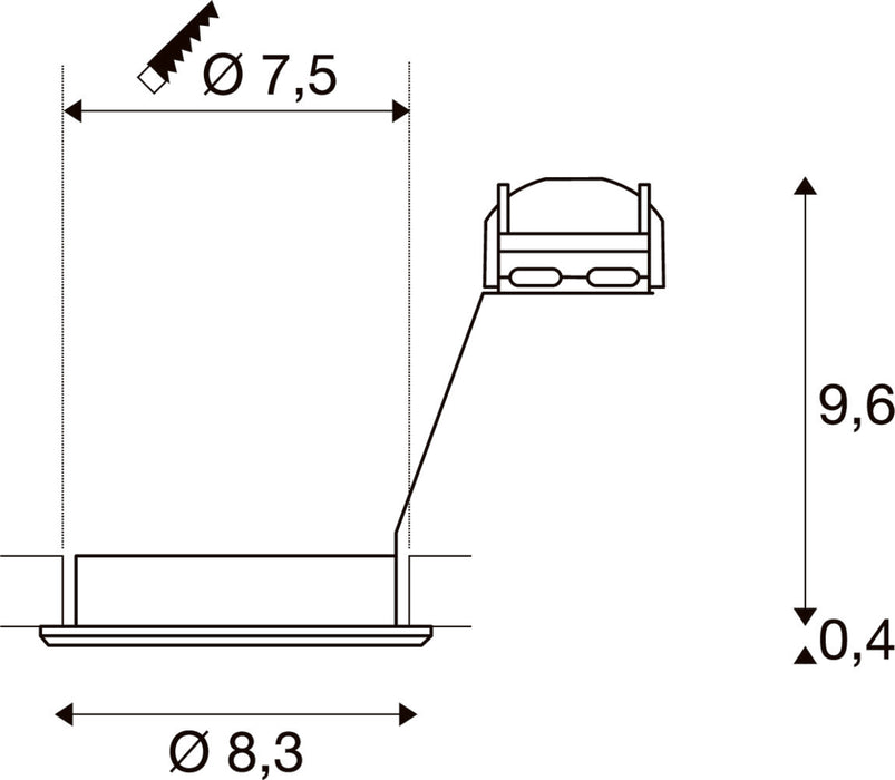 Technical drawing with dimensions for a recessed light fixture.