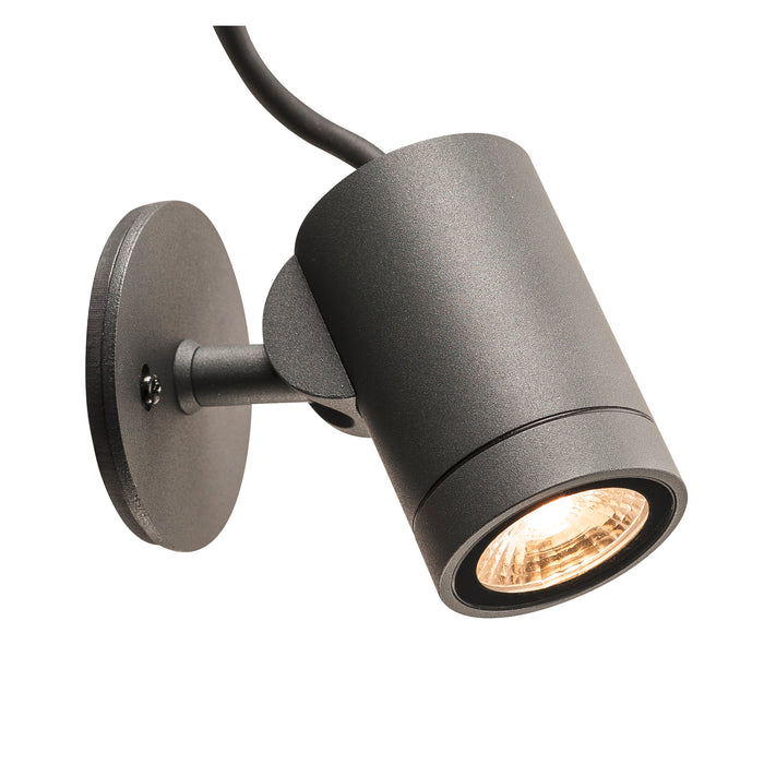 Wall-mounted spotlight in textured gray finish.
