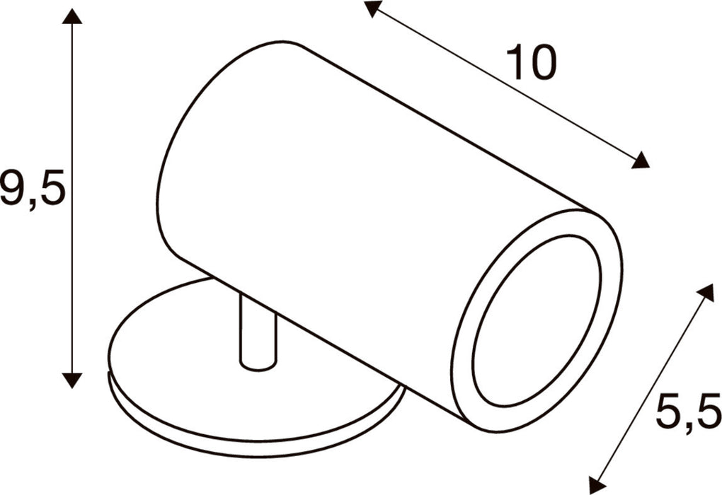 Technical drawing of a surface-mounted cylindrical light fixture with dimensions.