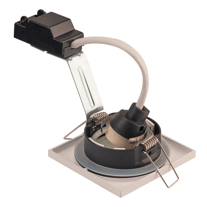 Square recessed light fixture with white trim, black socket, and metal mounting bracket.