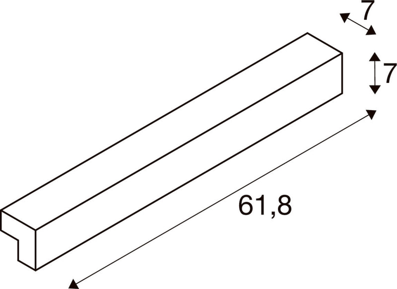 Technical drawing of a T-shaped profile with dimensions 7 x 7 x 61.8.