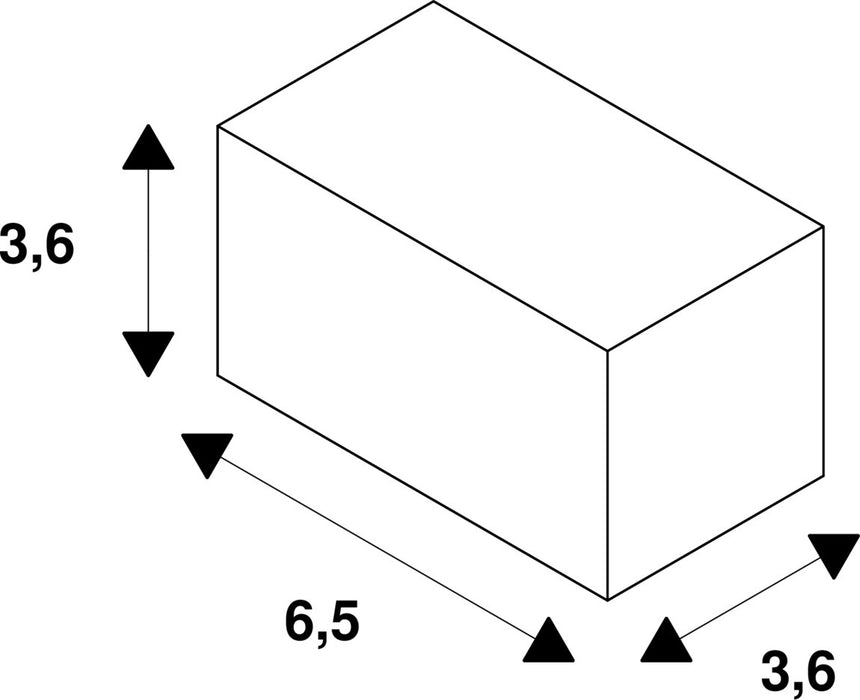 White rectangular prism with dimensions 6.5 x 3.6 x 3.6.