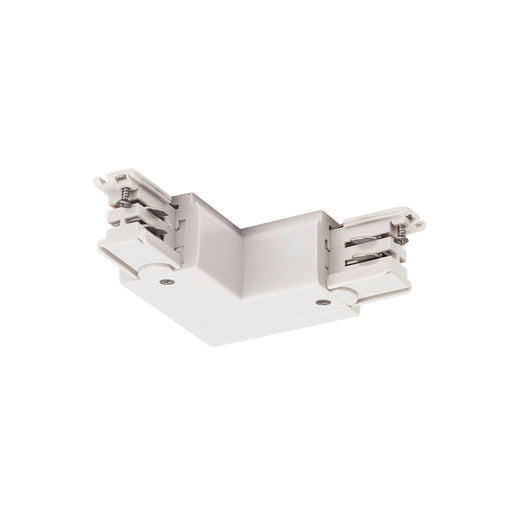 White track lighting L-connector, likely plastic, for ceiling or wall mounting.