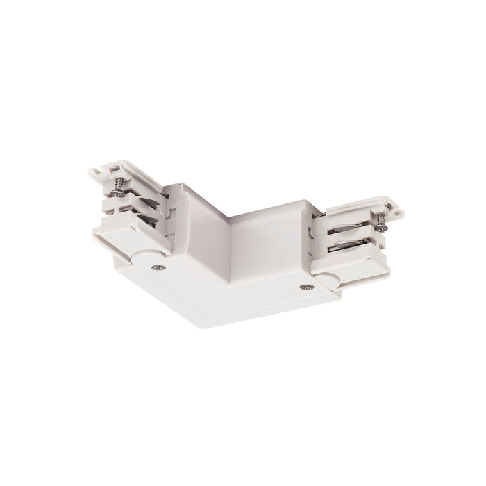 White track lighting L-connector, likely plastic, for ceiling or wall mounting.