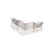 White track lighting L-connector, likely plastic, for ceiling or wall mounting.