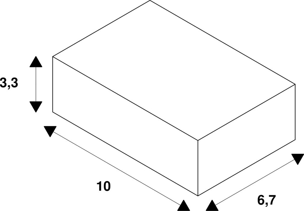 Isometric drawing of a white rectangular prism with dimensions 10 x 6.7 x 3.3.