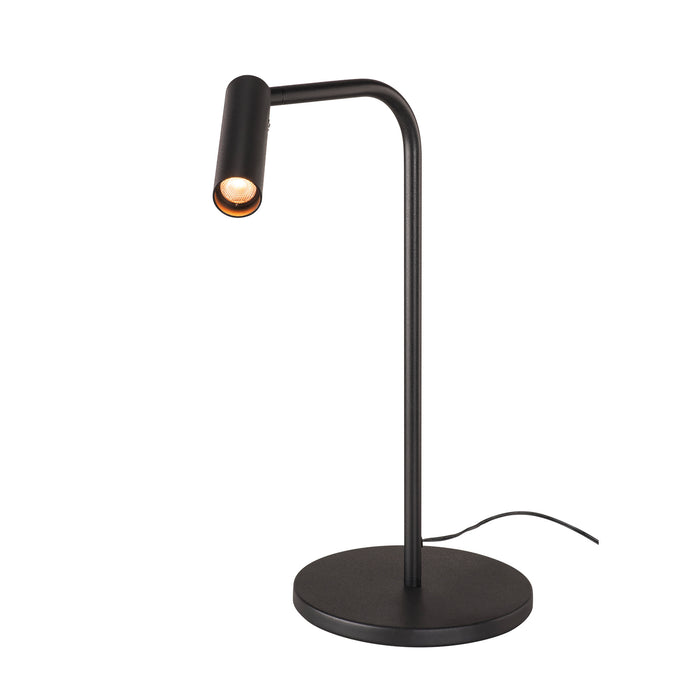 Black metal desk lamp with a round base and adjustable head.