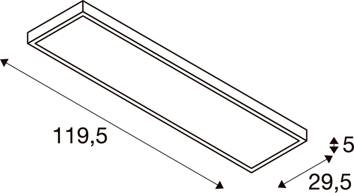 Technical drawing of a rectangular shelf with dimensions 119.5 x 29.5 x 5.