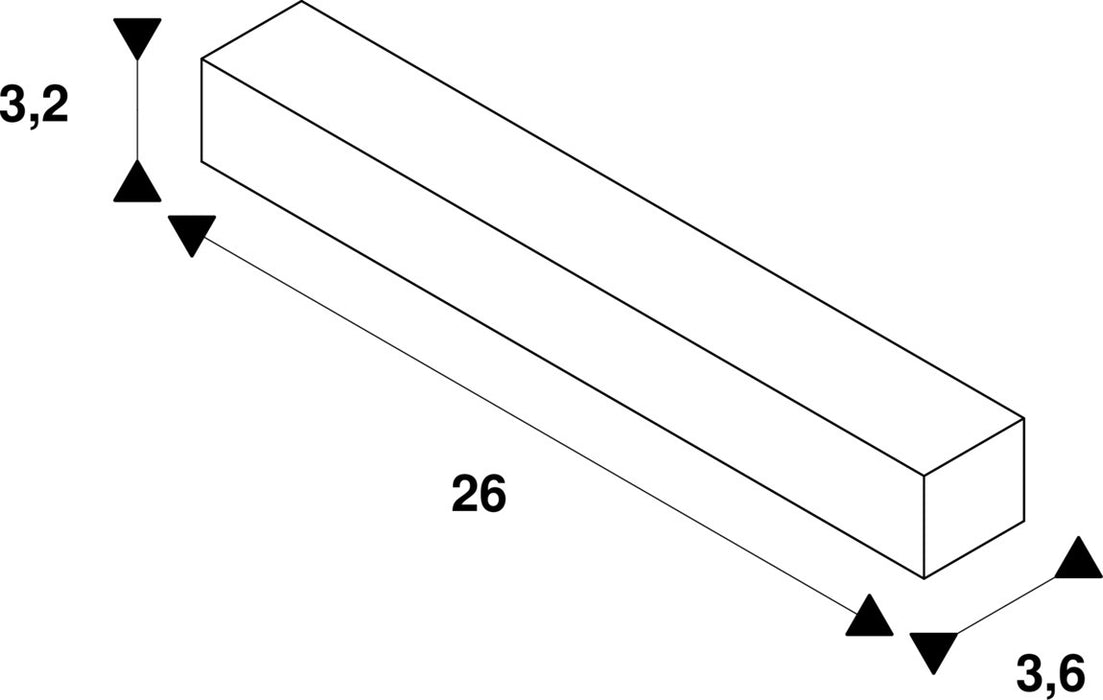 Technical drawing of a white rectangular bar with dimensions 3.2, 3.6, and 26.