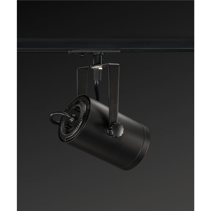 Black metal track lighting fixture, matte finish.