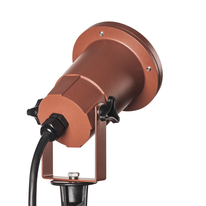Bronze finish cast aluminum landscape spotlight, ground mounted.