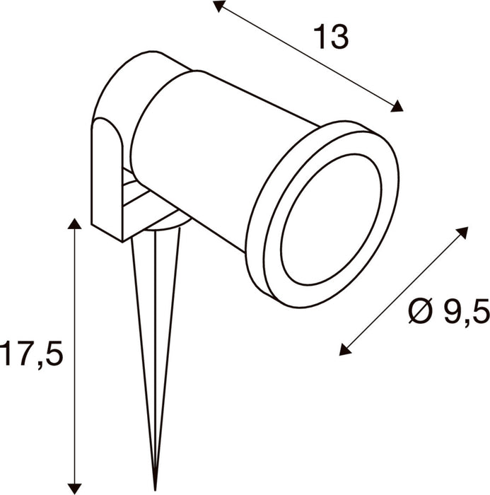 Diagram of a stake-mounted spotlight with dimensions.