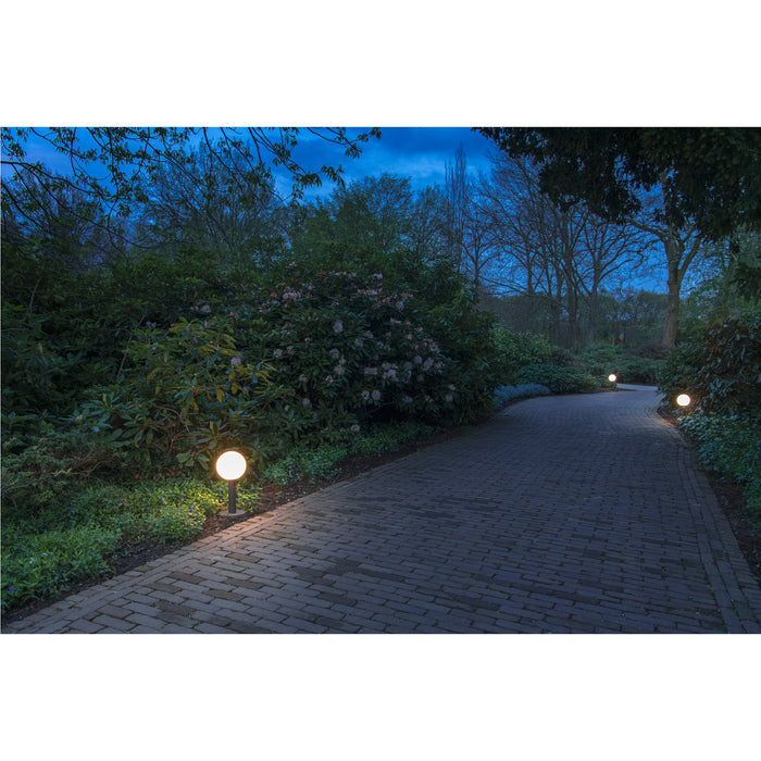 Globe bollard light, black finish, path lighting.