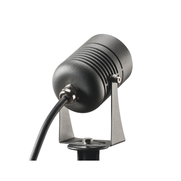 Black metal spotlight with textured finish and bracket mounting.