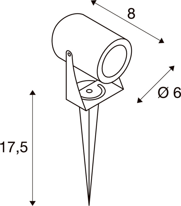 Diagram of a spotlight with dimensions, stake mounting.