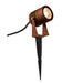 Metal spotlight with a rust finish and black ground stake.