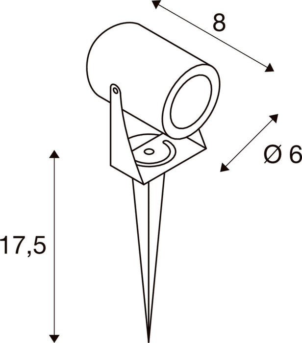 Line drawing of a spotlight with dimensions, stake mounted.