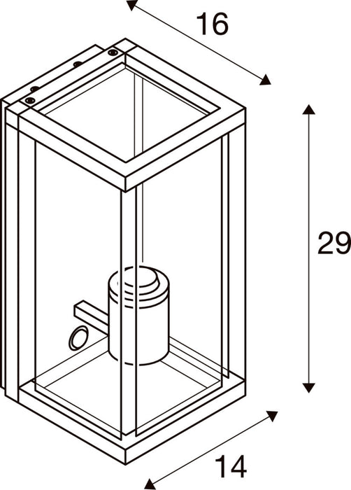 Line drawing of a rectangular outdoor wall lantern with dimensions.
