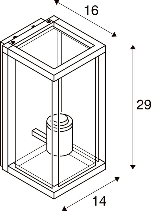 Technical drawing of a wall-mounted lantern, showing dimensions.