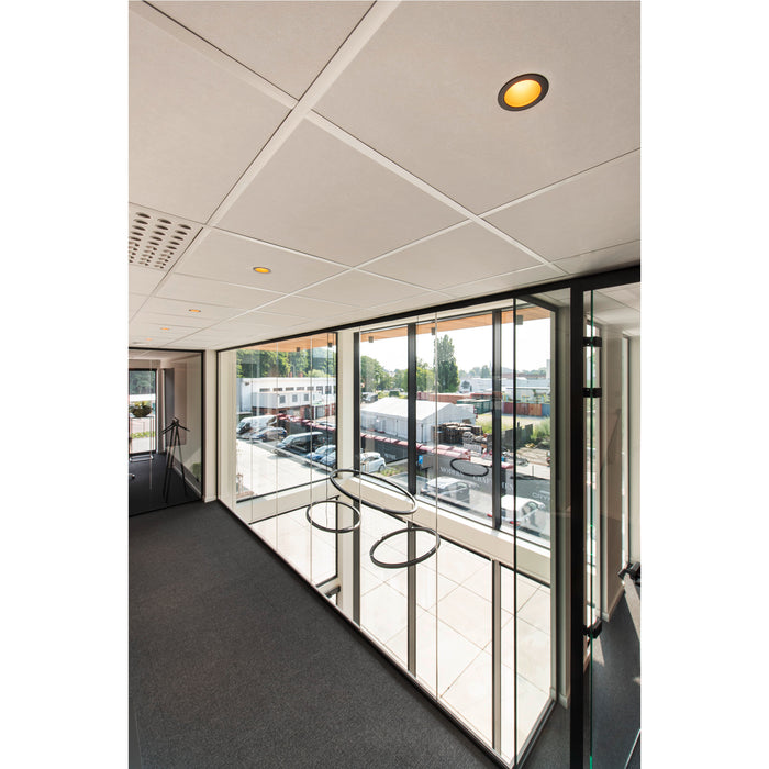 Acoustic ceiling tiles, recessed lighting, and glass wall in an office space.