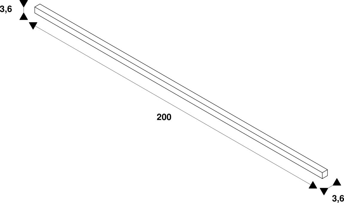 Technical drawing of a 200mm long, white rectangular bar with dimensions.