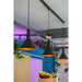 Three black metal pendant lights with gold interiors, track mounted.