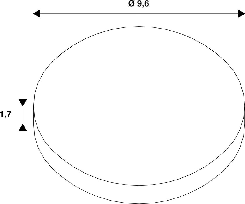 Technical drawing of a round component, diameter 9.6, thickness 1.7.