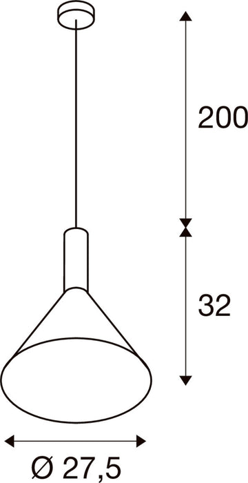 Line drawing of a pendant light fixture with dimensions.
