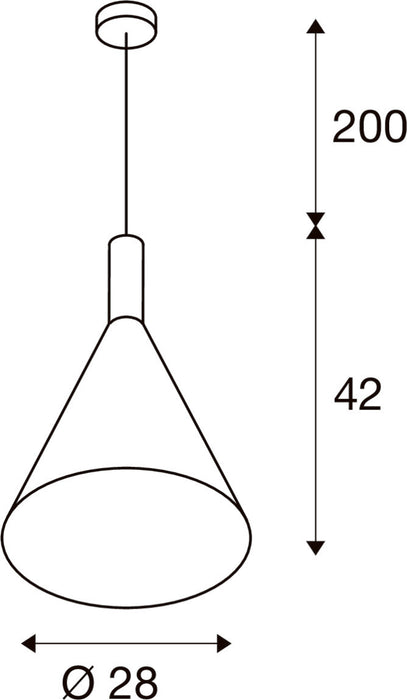 Technical drawing of a cone-shaped pendant light fixture with dimensions.