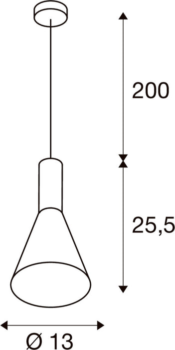 Technical drawing of a pendant light fixture with dimensions.
