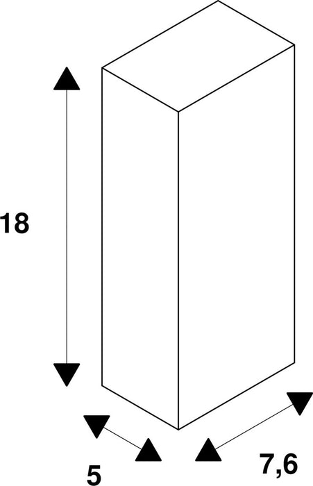 Technical drawing of a white rectangular prism with dimensions 18, 5, and 7.6.
