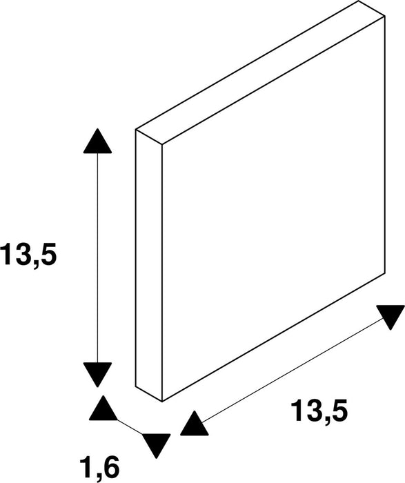 Technical drawing of a rectangular block with dimensions 13.5 x 13.5 x 1.6.