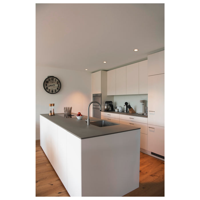 Modern kitchen with white cabinets, gray countertop, stainless steel sink, and wood floor.