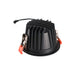 Black recessed LED downlight with heat sink, spring clips for mounting.