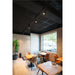Restaurant interior with wood tables, leather chairs, track lighting, and a potted plant.