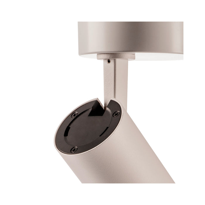 Aluminum ceiling-mounted spotlight in a light gray finish.