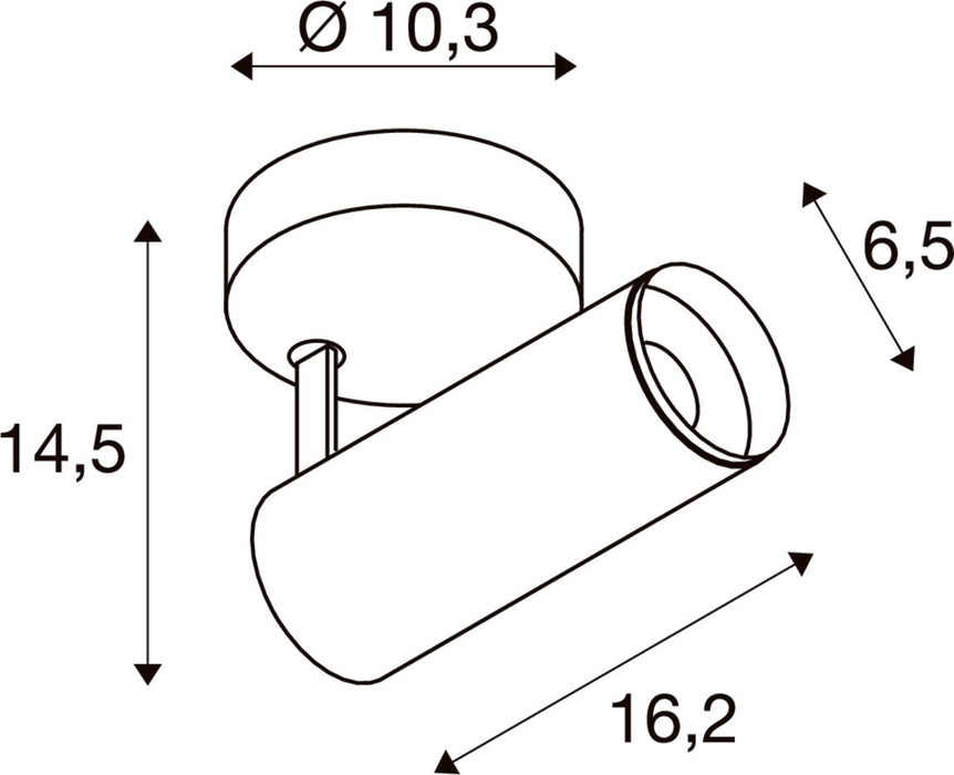 Technical drawing of a white surface-mounted spotlight with dimensions.