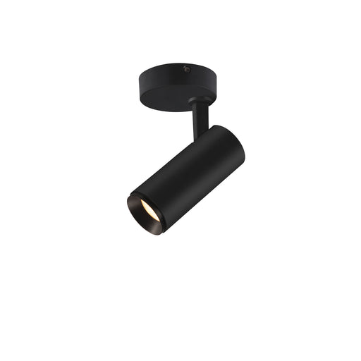 Black metal cylinder spotlight, surface mounted.