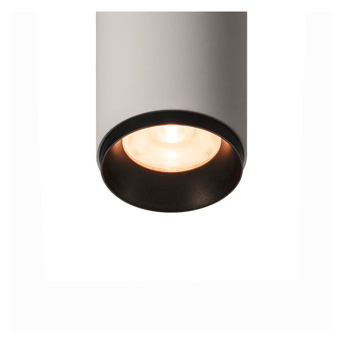 Aluminum cylinder surface-mounted light fixture, matte gray finish with black trim.