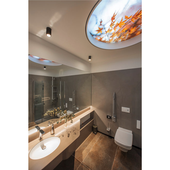 Modern bathroom with gray walls, brown tile floor, white sink, and ceiling light with autumn leaves.