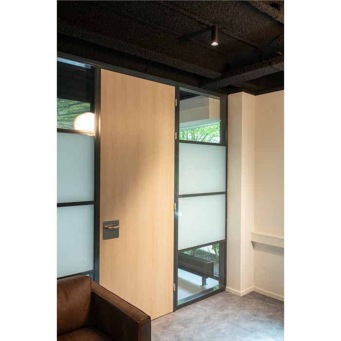 Wood door with black metal frame and frosted glass panels.