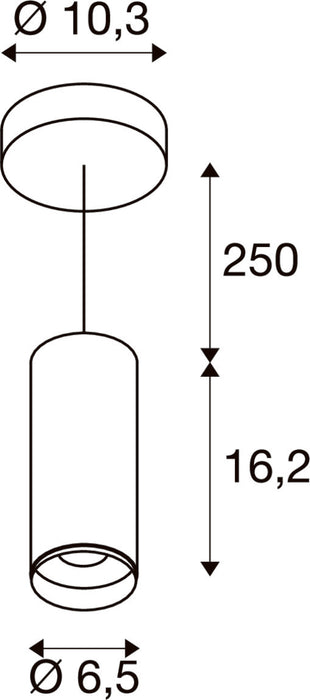Technical drawing of a cylindrical pendant light fixture with dimensions.