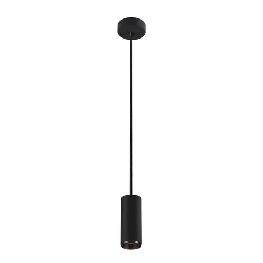 Black cylinder pendant light fixture, ceiling mounted.