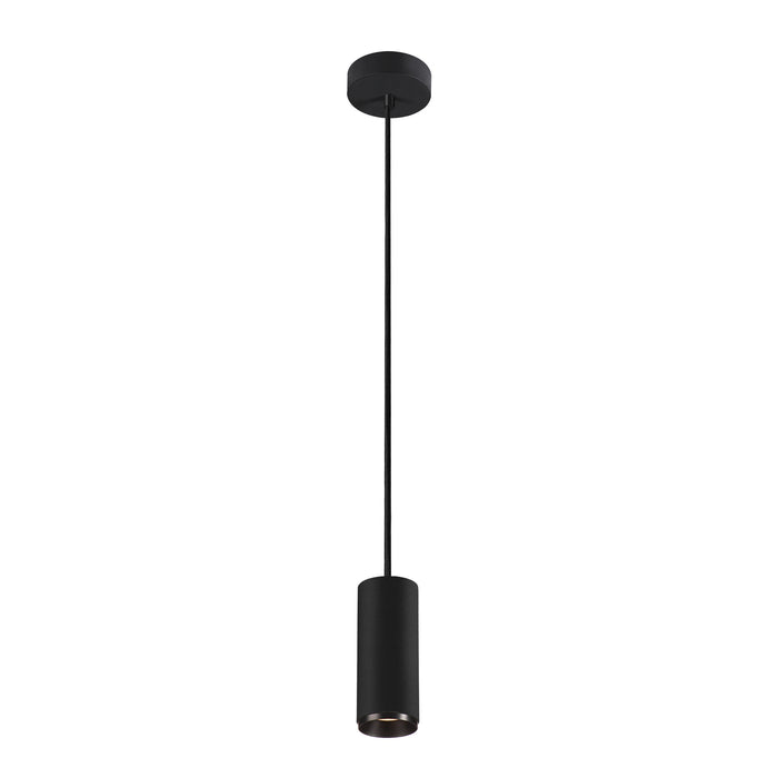 Black cylinder pendant light fixture, ceiling mounted.