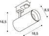Technical drawing of a track-mounted spotlight, showing dimensions.