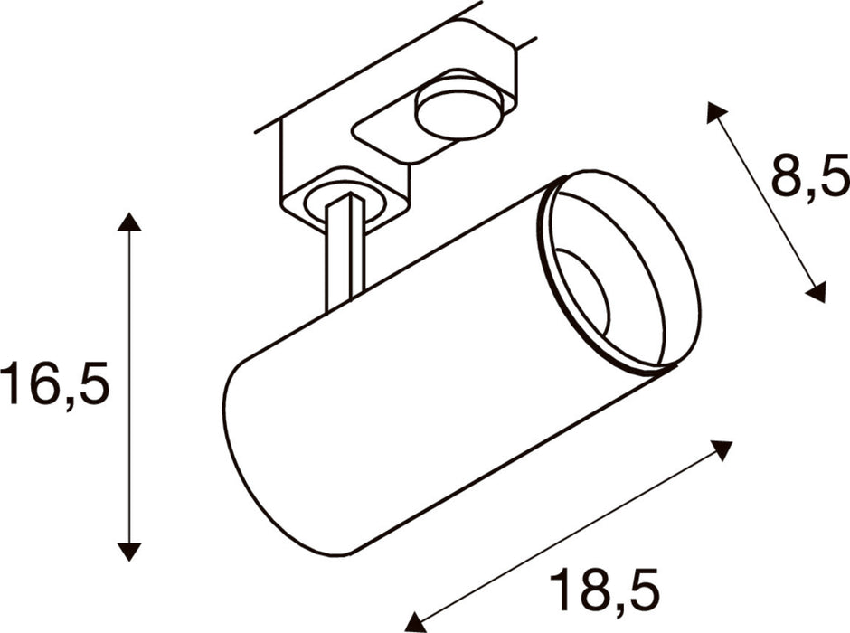Technical drawing of a track-mounted spotlight, showing dimensions.