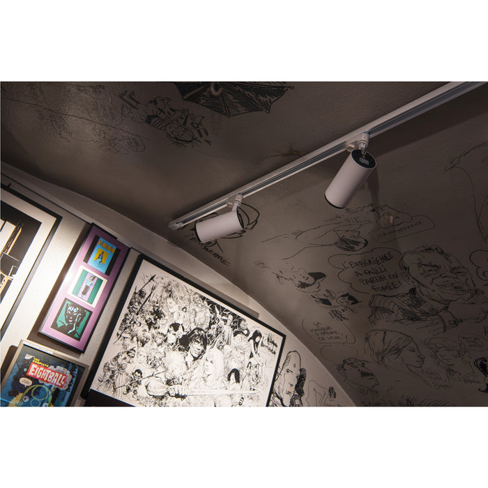 White track lighting fixture mounted on a ceiling with cartoon drawings.