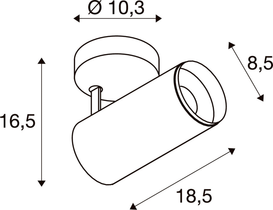 Technical drawing of a spotlight with dimensions.